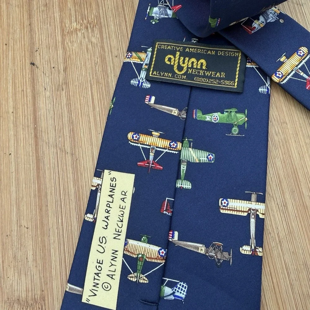 Alynn Necktie Blue Silk War Plane Aviation Print Retro Novelty Career Office